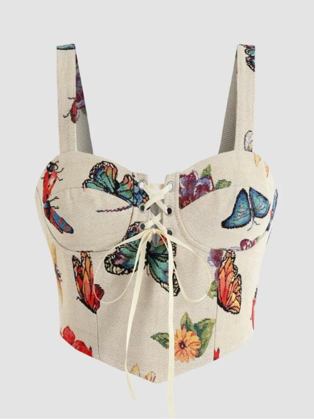 Cider Butterfly Print Lace-Up Bustier Top in Ivory Size L
